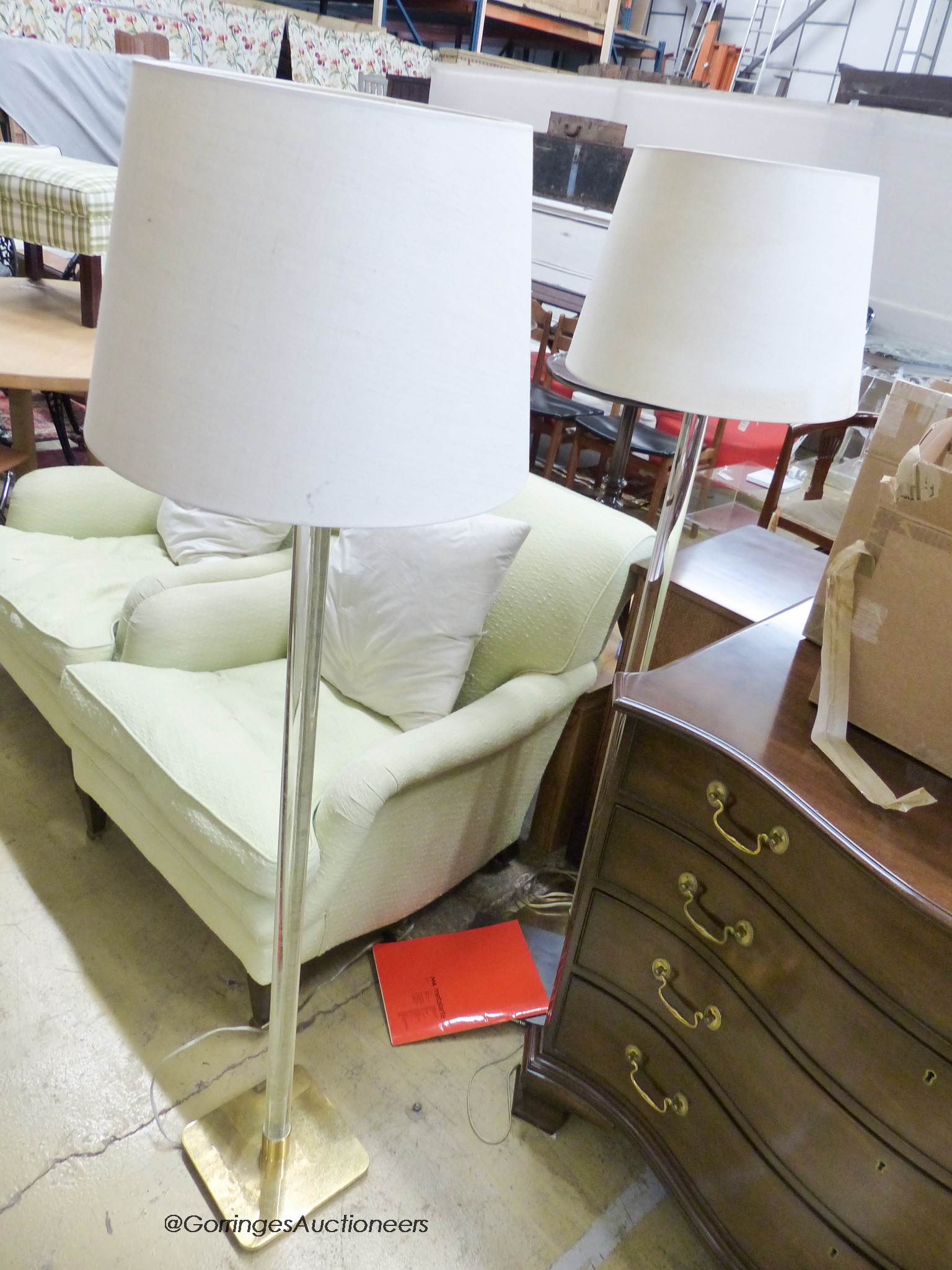 A pair of modern lucite column and brass floor lamps,H-148cm. And a pair of American wall lights.